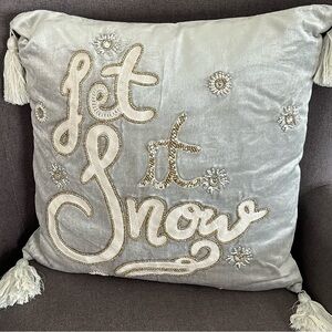 Pier 1 Let It Snow Gray Beaded Tassels Christmas Pillow With Removable Cover